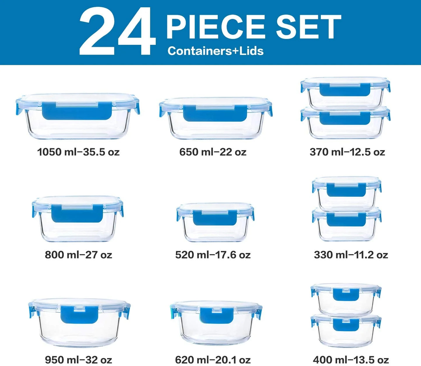 24-Piece Glass Meal Prep Container Set with Airtight Snap Locking Lids - Dishwasher and Freezer Safe Food Storage Solutions