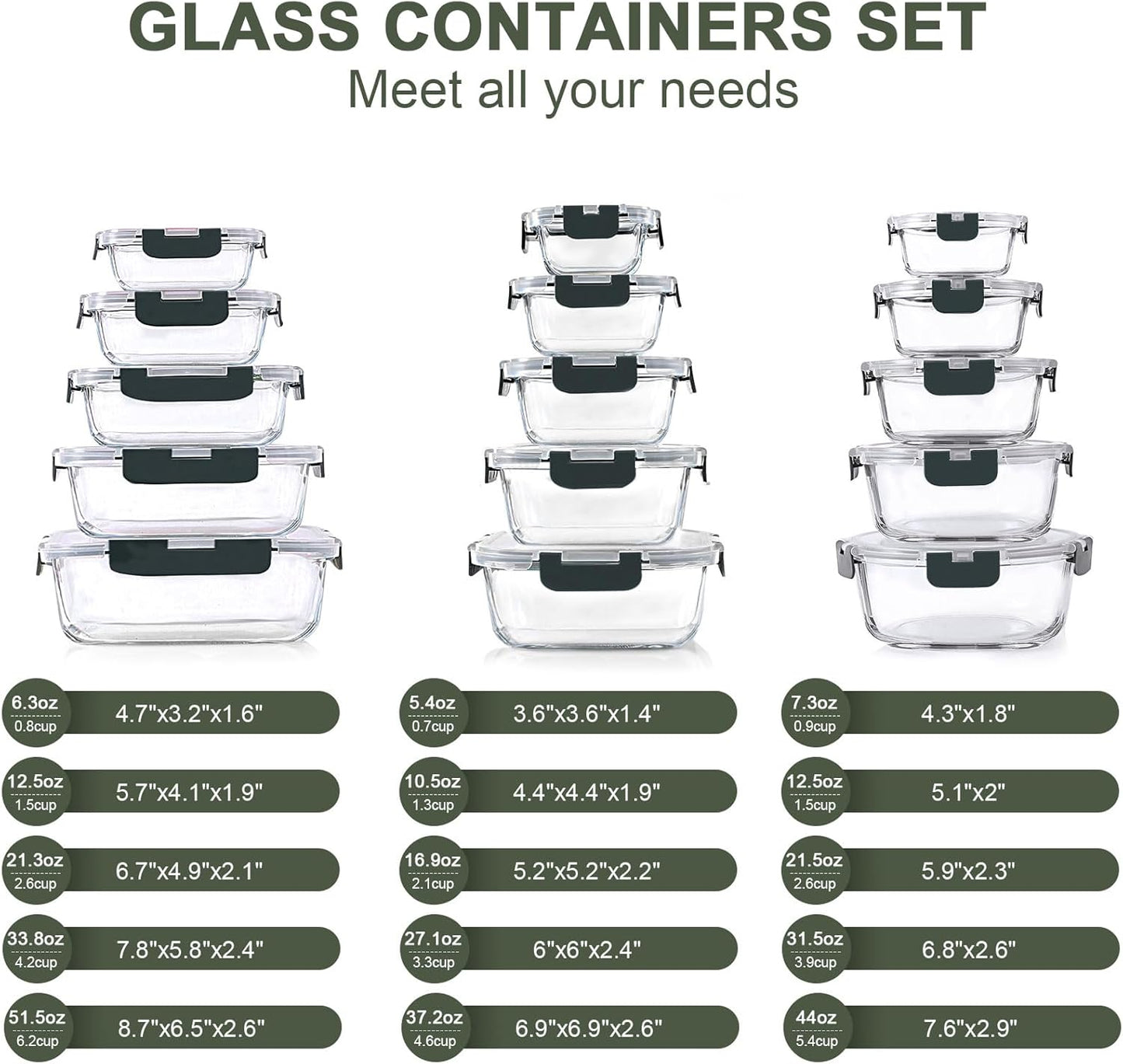 30 Pieces Glass Food Storage Containers Set, Glass Meal Prep Containers Set with Snap Locking Lids, Airtight Glass Lunch Containers for Microwave, Oven, Freezer & Dishwasher,Gray