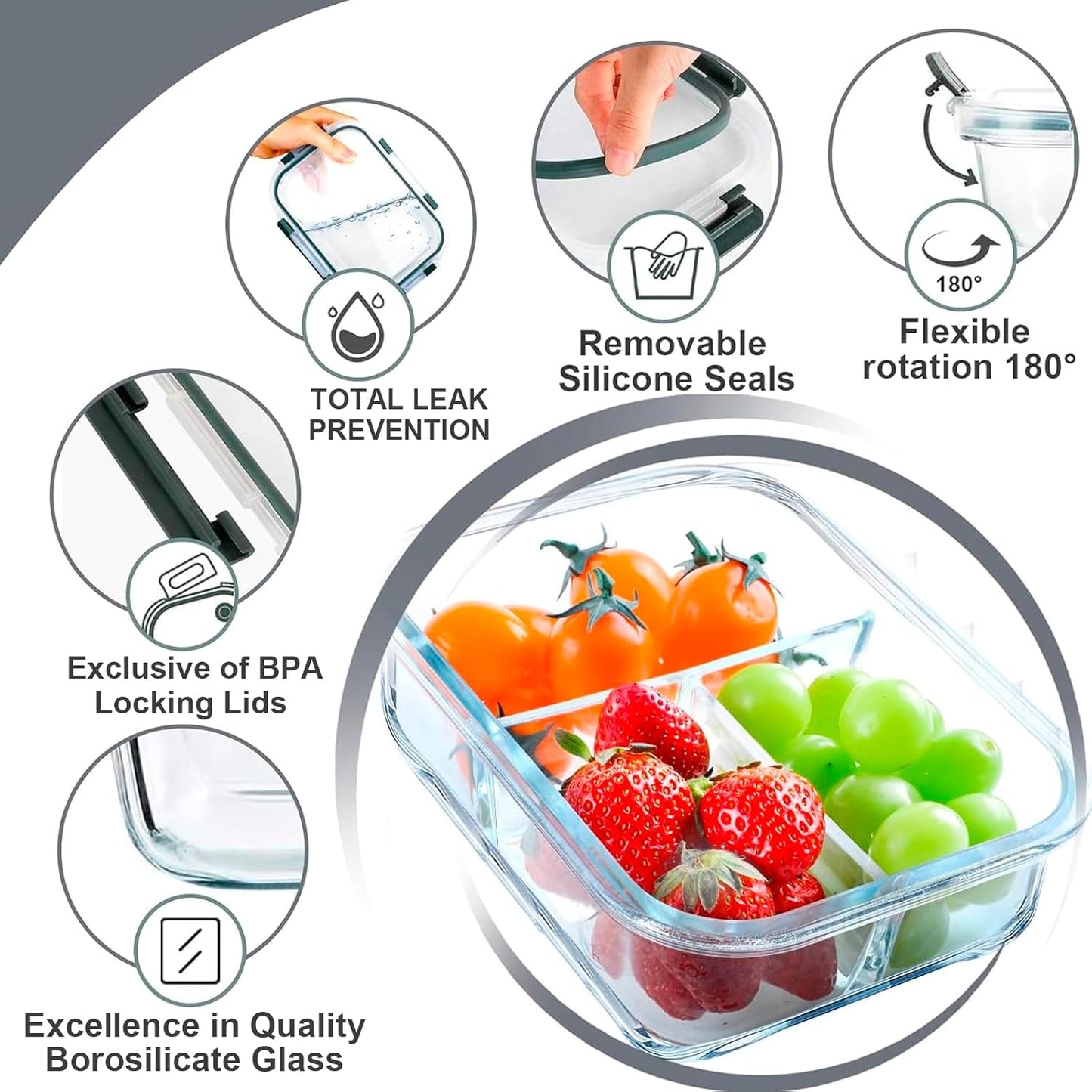 5 Pack Glass Meal Prep Containers 3 Compartment Set, 36OZ Airtight Glass Lunch Containers, Glass Food Storage Containers with Lids, for Microwave, Oven, Freezer & Dishwasher Friendly,Grey