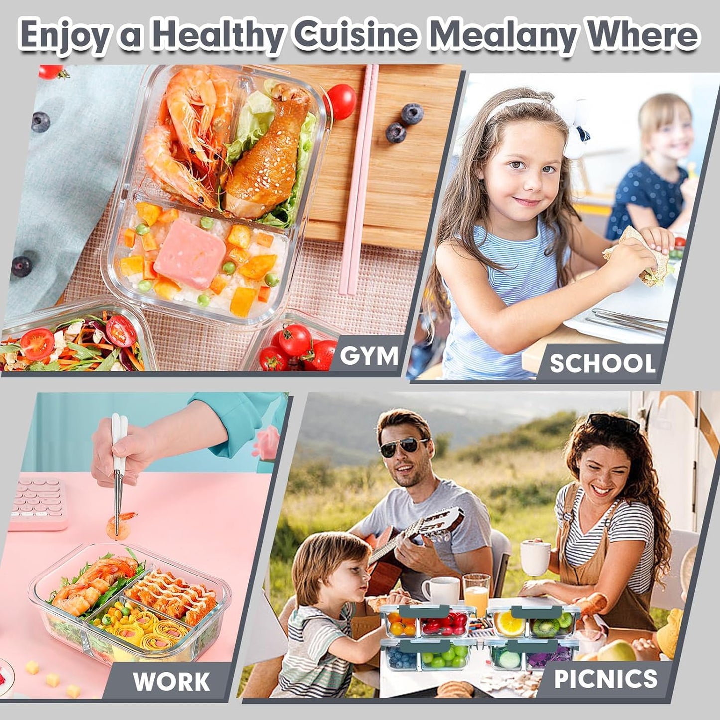 5 Pack Glass Meal Prep Containers 3 Compartment Set, 36OZ Airtight Glass Lunch Containers, Glass Food Storage Containers with Lids, for Microwave, Oven, Freezer & Dishwasher Friendly,Grey
