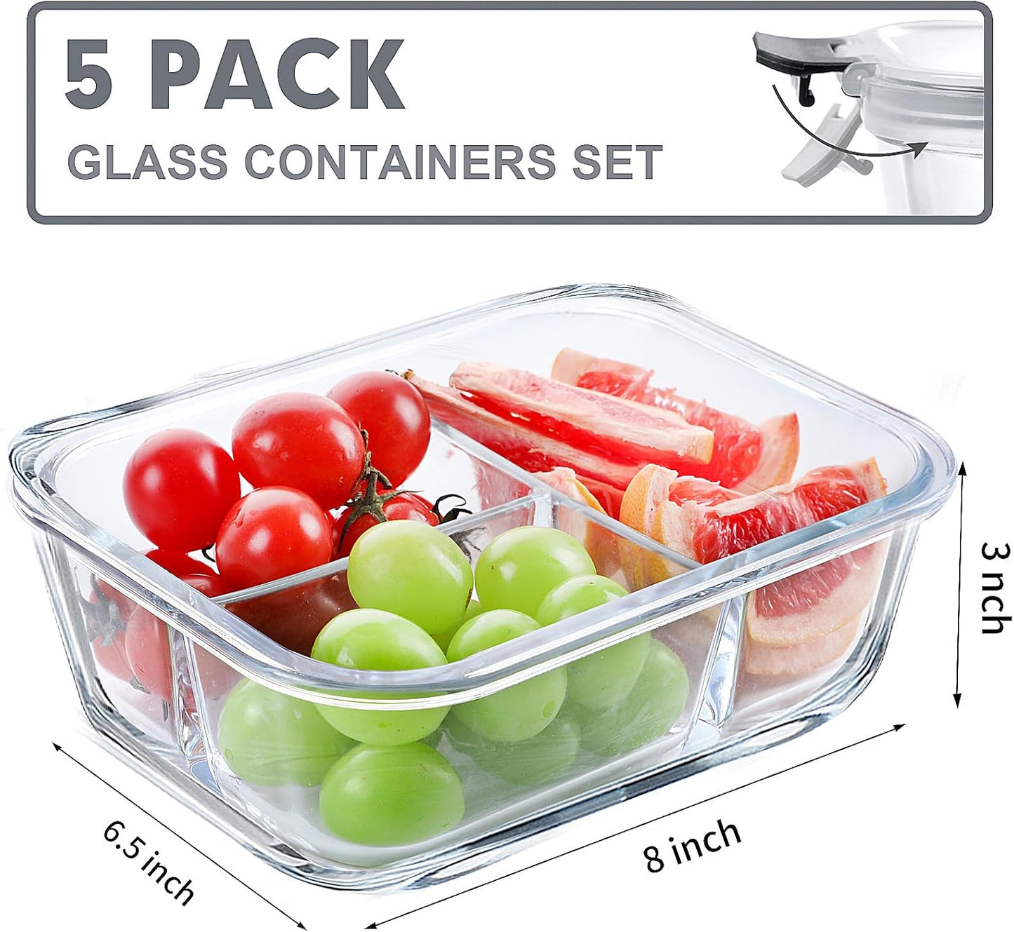 5 Pack Glass Meal Prep Containers 3 Compartment Set, 36OZ Airtight Glass Lunch Containers, Glass Food Storage Containers with Lids, for Microwave, Oven, Freezer & Dishwasher Friendly,Grey