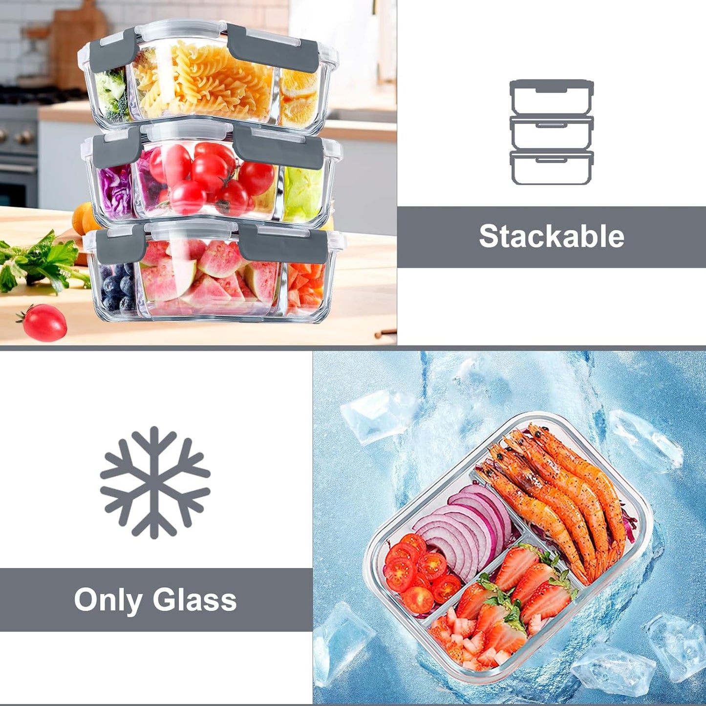 5 Pack Glass Meal Prep Containers 3 Compartment Set, 36OZ Airtight Glass Lunch Containers, Glass Food Storage Containers with Lids, for Microwave, Oven, Freezer & Dishwasher Friendly,Grey