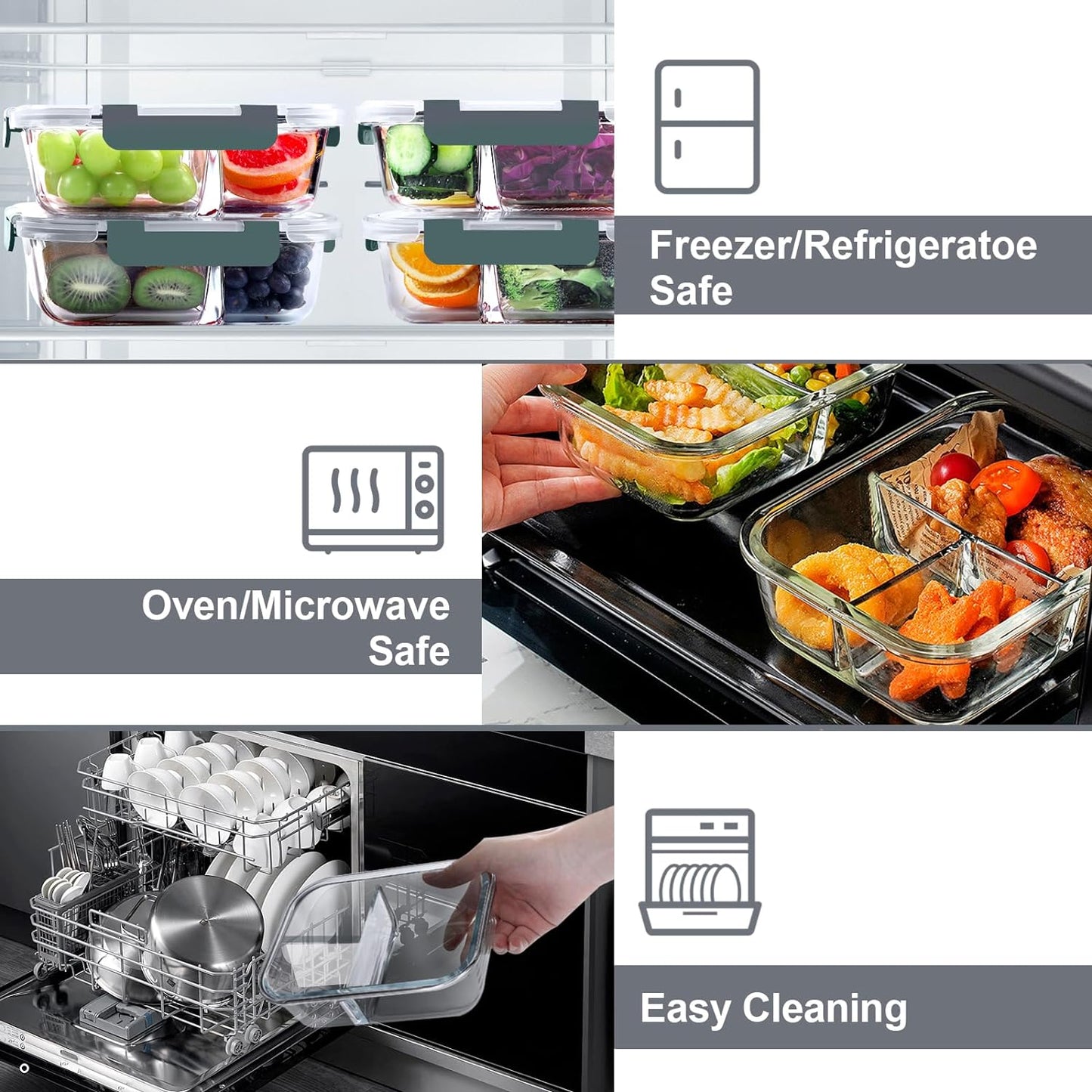 5 Pack Glass Meal Prep Containers 3 Compartment Set, 36OZ Airtight Glass Lunch Containers, Glass Food Storage Containers with Lids, for Microwave, Oven, Freezer & Dishwasher Friendly,Grey