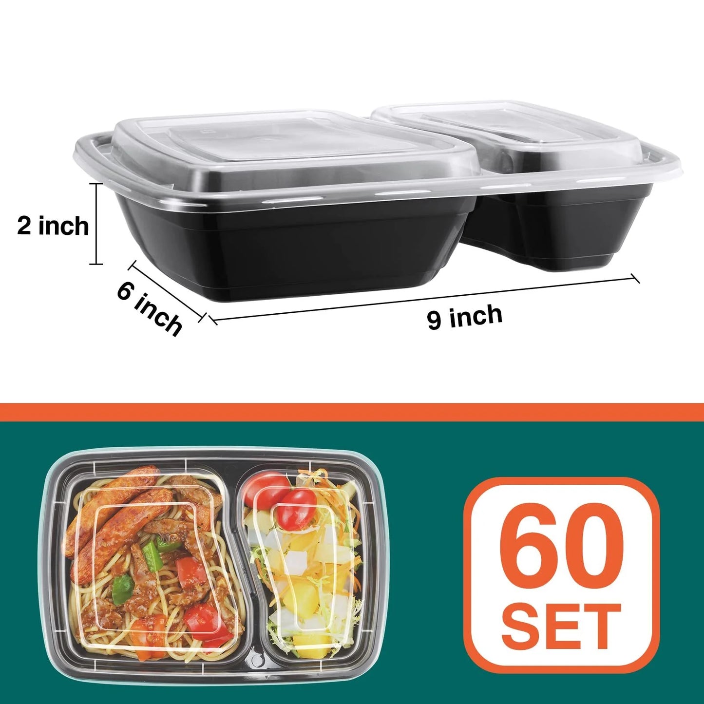60 Pack 32 Oz Meal Prep Container Reusable, 2 Compartment Food Storage Containers with Lids to Go Containers, Lunch-Microwave, Freezer, Dishwasher Safe