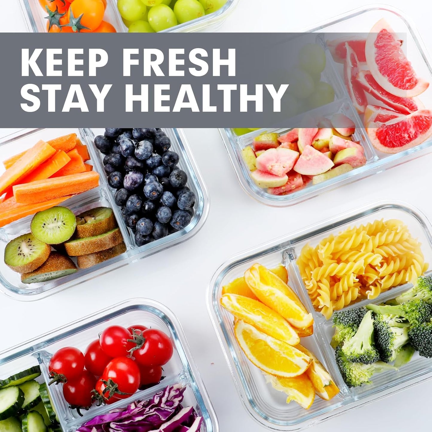 5 Pack Glass Meal Prep Containers 3 Compartment Set, 36OZ Airtight Glass Lunch Containers, Glass Food Storage Containers with Lids, for Microwave, Oven, Freezer & Dishwasher Friendly,Grey