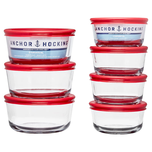 14-Piece Clear Glass round Food Storage Value Pack with Red Lids