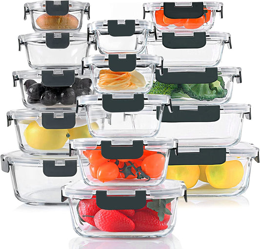30 Pieces Glass Food Storage Containers Set, Glass Meal Prep Containers Set with Snap Locking Lids, Airtight Glass Lunch Containers for Microwave, Oven, Freezer & Dishwasher,Gray