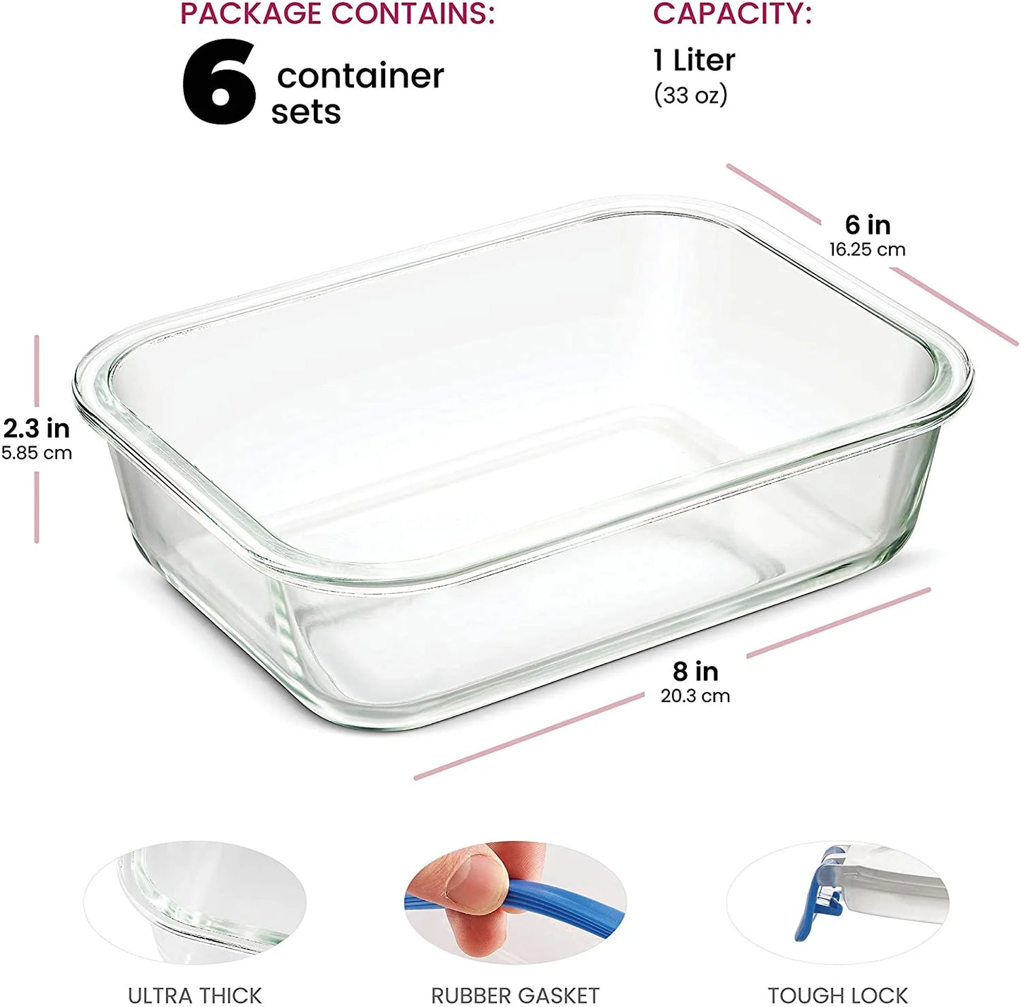 Glass Meal Prep Containers 6 Pack 35Oz Airtight with Locking Lids 100% Leak Proof