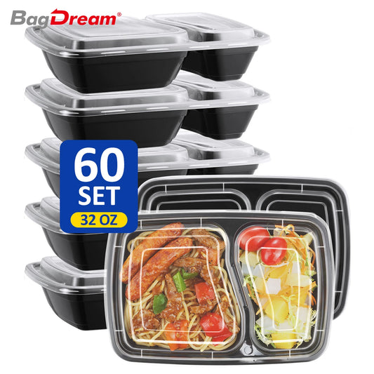 60 Pack 32 Oz Meal Prep Container Reusable, 2 Compartment Food Storage Containers with Lids to Go Containers, Lunch-Microwave, Freezer, Dishwasher Safe